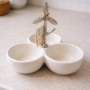 Triple section ceramic serving dish featuring a branch shaped metal handle *READ